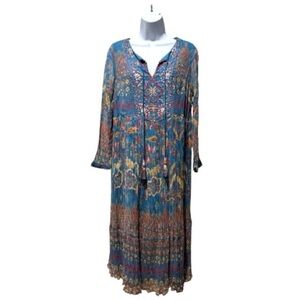 Soft Surroundings Blue Boho Embroidered Tassel Maxi Dress PM Like New